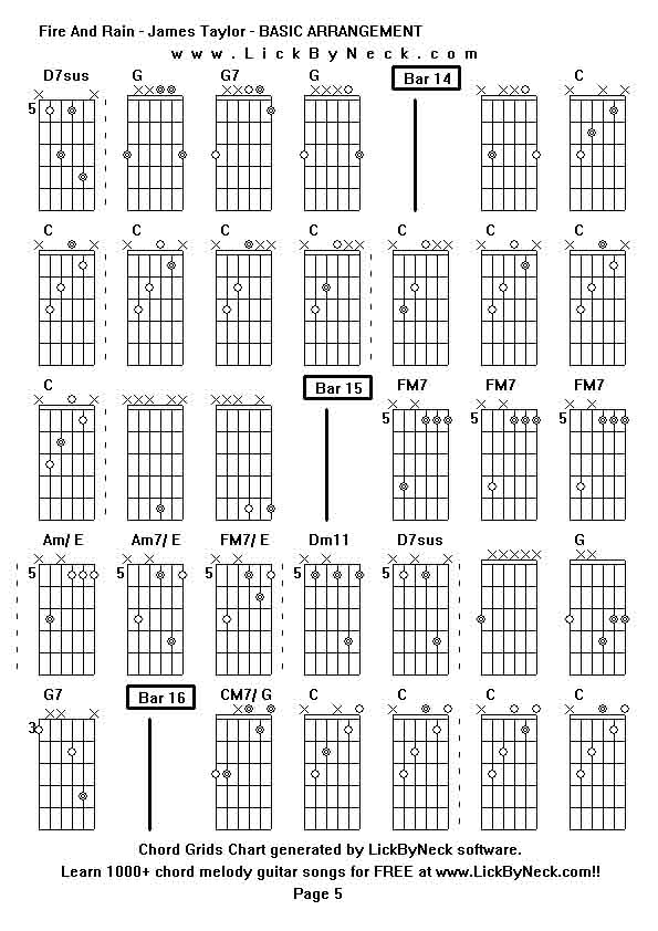 Chord Grids Chart of chord melody fingerstyle guitar song-Fire And Rain - James Taylor - BASIC ARRANGEMENT,generated by LickByNeck software.